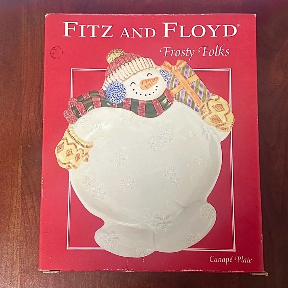 Vintage Fitz and Floyd Frosty Folks Canape Plate Snowman Dish In Box EUC